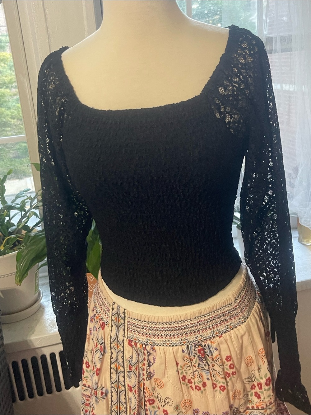 Shabby Chic Black Lace Smocked Square-Neck Long Sleeve Top